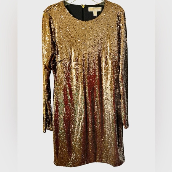 MICHAEL KORS Gold Sequins Long Sleeves Mini Medium Cocktail Dress BNWT - Picture 1 of 8